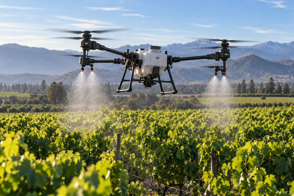 Dron agrícola fumigando campos en Chile